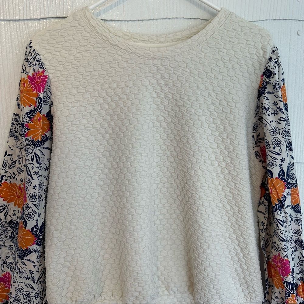 Anthropologie Porridge L Ivory Floral Puff Sleeve Quilted Sweater Mixed Media